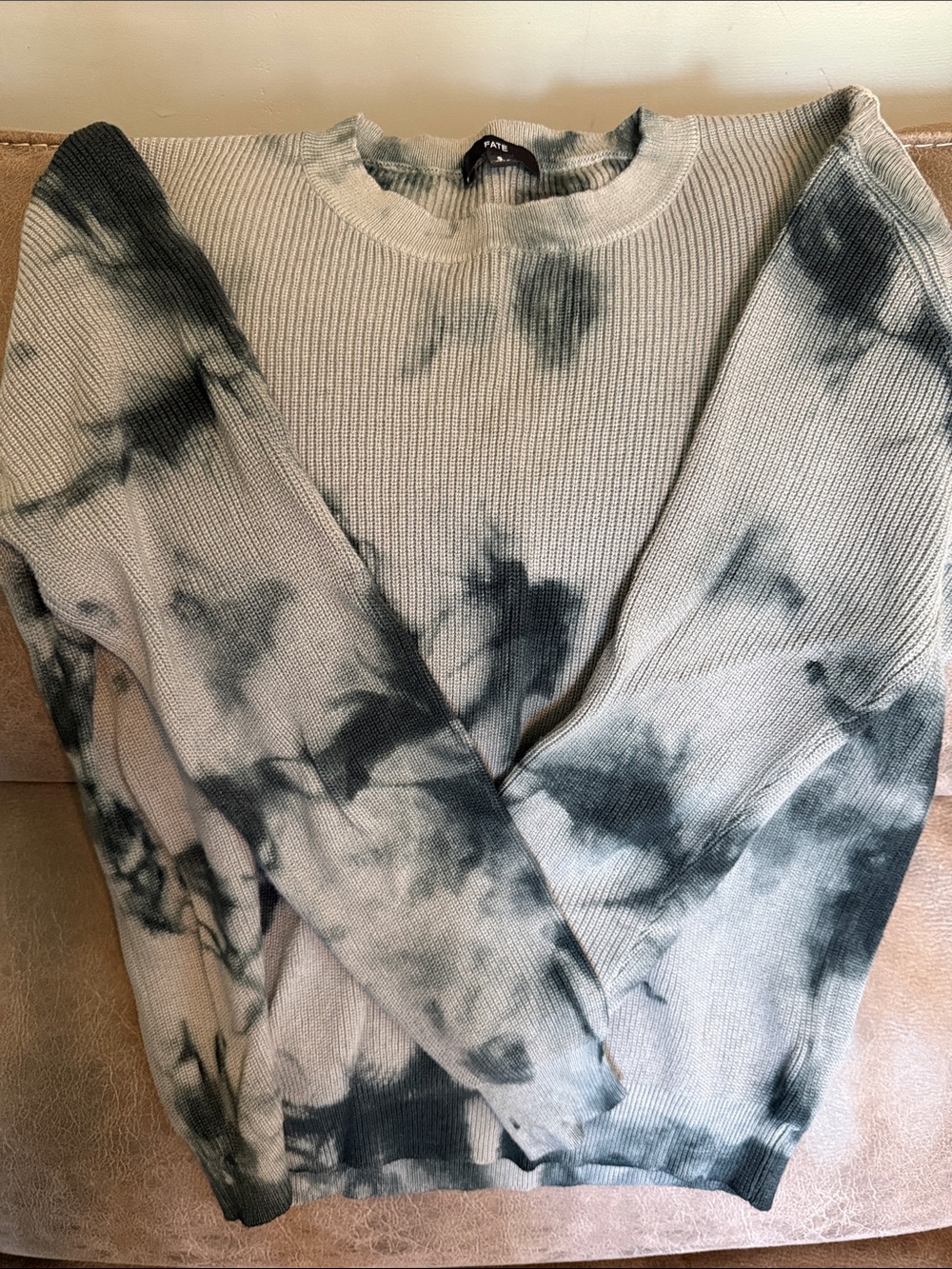Fate Ribbed Crewneck Sweater in Light Gray and Black Tie-Dye